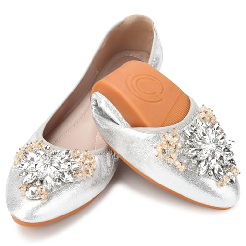 KUNWFNIX Women Ballet Flats Peony Rhinestone Wedding Ballerina Shoes Foldable Sparkly Comfort Slip...