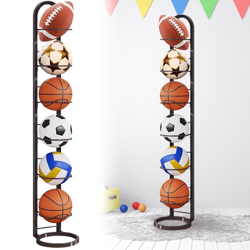 BIZOI 6 Stufiger Ballständer Vertical Ballregal Fußball Ständer Abnehmbares Standing Rack Halter Ballaufbewahrungsregal Basketball Holder Ball Aufbewahrung für Fußball Basketball Volleyball