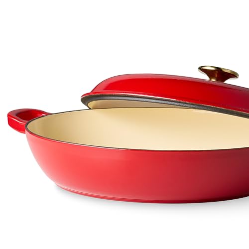 Image of CAROTE 3.4QT Enameled Cast Iron Braiser Pan, Shallow Dutch Oven Casserole Skillets, Non-Toxic Cast Iron Pot with Lid for Grilling, Searing, Baking, Dual Handles, All Stovetop Compatible, Red