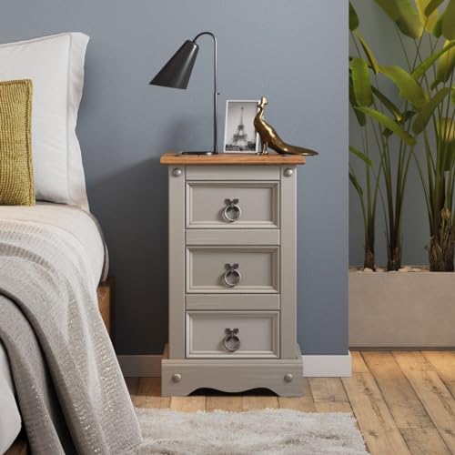 Corona Solid Pine Wood Grey Painted Wax 3 Drawer Narrow Bedside Cabinet Wooden Slim Side End Lamp Table For Bedroom Hallway Living Room Lounge Mexican Style 58cm High 35cm Wide 33cm Deep