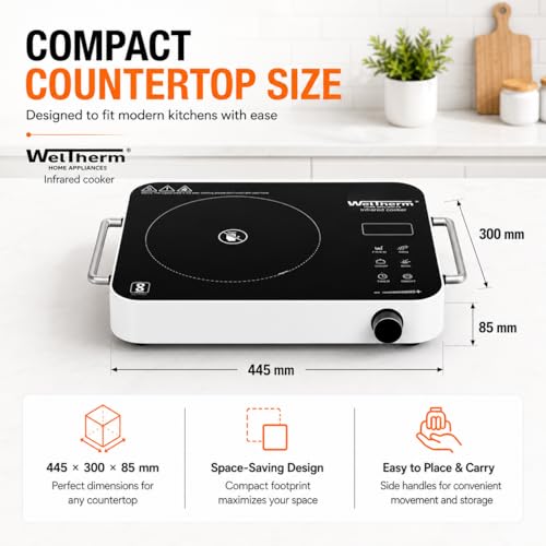 Image of WelTherm Premium 2200W Infrared Cooker with Grill, Touch Panel & Rotary Knob Controller, Adjustable Temperature & Power Levels, Works with All Cookware,Side Handles, Portable Electric Cooktop