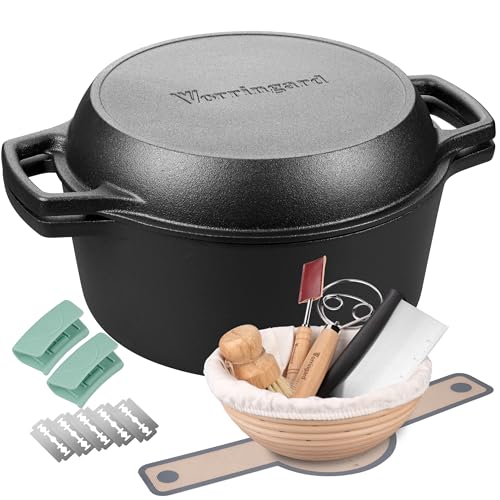 VORRINGARD Pre-seasoned Cast Iron Double Dutch Oven Pot with Skillet Lid, Dual-handle, for Bread Baking, Outdoor, Campfire Cooking, include Sourdough Bread Baking Supplies like Banneton Bread Proofing Basket, 5 Quart