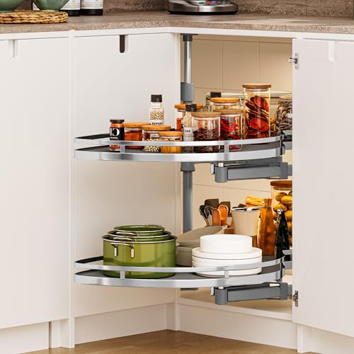DWVO Corner Cabinet Pull-Out Organizer, 2-Tier Blind Corner Shelf with 270° Swing-Out Tray, Right Swing, Heavy-Duty Chrome Plated Iron, 32.7"x17.3"x21.3", Gray