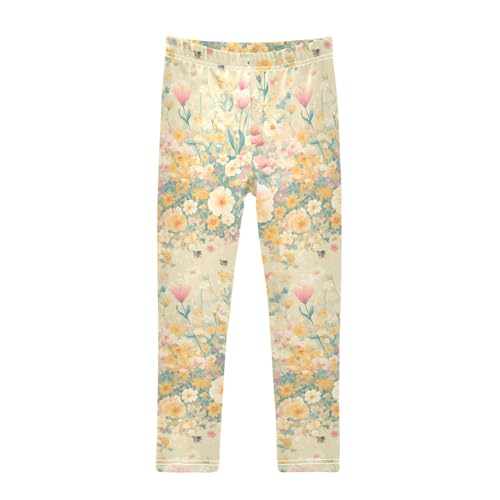Embroidery Bee Butterfly Flowers Kids Girl's Basic Leggings Comfortable High Waisted Lounge Pants Running