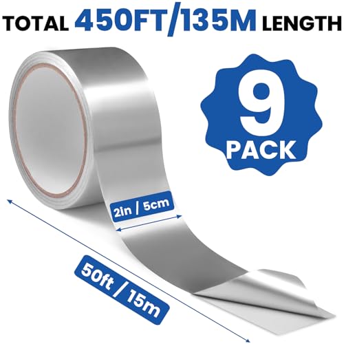 Image of NUITPY 9 Pack Aluminum Foil Tape, 3.9 mil 2 inch x 450 Feet Total Silver High Temperature Tape, Metal Tape, Insulation Foil Tape for Ductwork, HVAC, Dryer Vent, Seal
