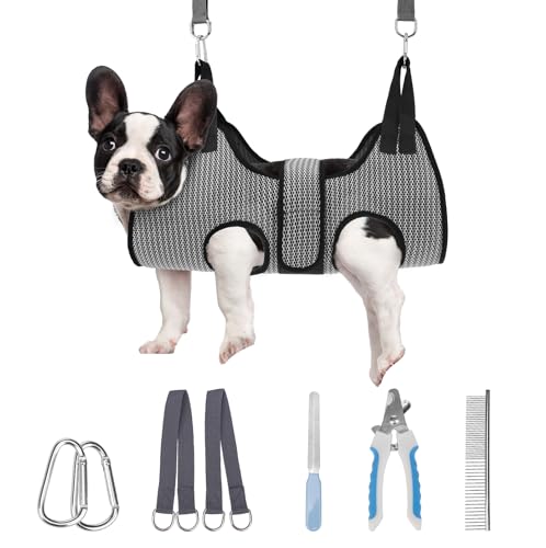 PAWCHIE Dog Grooming Hammock Harness for Dogs & Cats with Pet Nail Clipper Trimmer- Breathable Cat Hanger Sling for Trimming Clipping Nails-Dog Hammock Restraint Bag for Small Medium Large Dog, Grey S