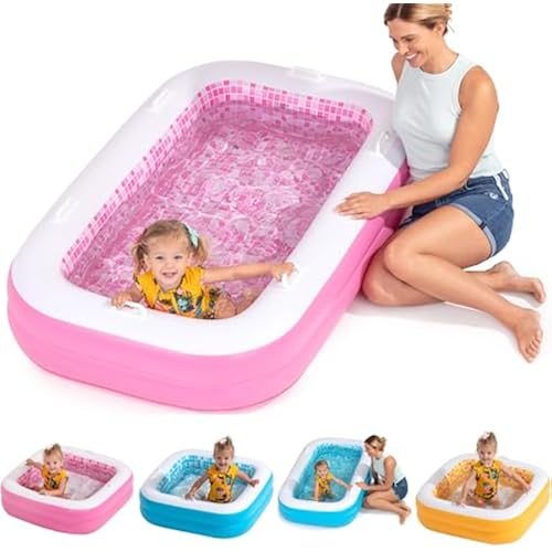 3-in-1 Premium Inflatable Kiddie Pool, Ball Pit & Tanning Pool, Soft Cushioned Floor, Handles, Drain, Shallow Rectangular Blow Up Swimming Pool for Kids, Small Backyard Tanning Pool - 65"x39"x10"