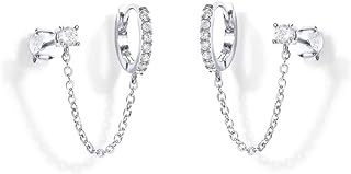 Dainty Round CZ Stud Small Hoop Cuff Cartilage Double Piercing Earrings for Women Teen Girls 925 Sterling Silver Threader Chain Drop Dangle Delicate Two Holes Cubic Zirconia Crystal Huggie Hoops Crawler Climbers Hypoallergenic Studs Fashion Jewelry Gifts Bff Birthday Her Valentine's Day