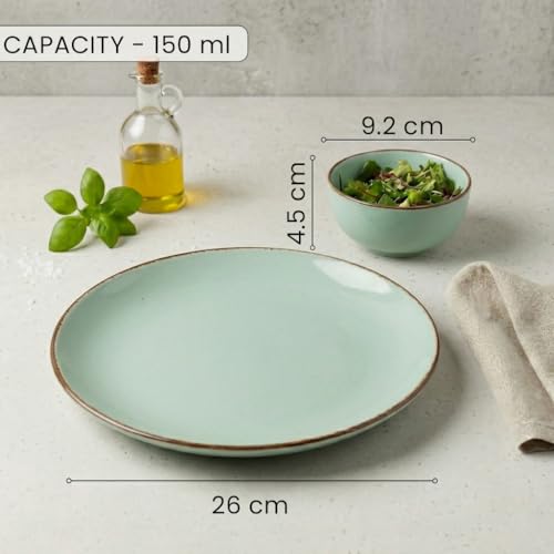 Image of The Earth Store Handcrafted Mint Marble Ceramic Dinner Set with Lids & Spoons, 30 Pieces Serving for 6 | Microwave & Dishwasher Safe | Bone-Ash Free Crockery Set for Dining & Gifting