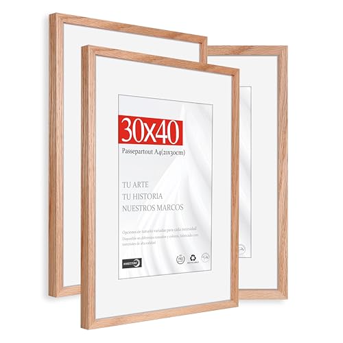 HIMEETIME® 3x Marco de Fotos - 30x40 cm Madera de Roble | Passepartout 21x30cm | Marco 30x40 Grande para Diplomas - Solo para Montaje en Pared