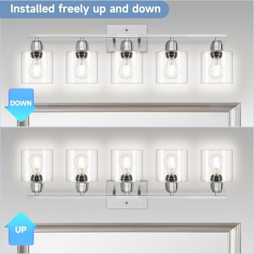 Image of Modern Brushed Nickel 5 Light Bathroom Vanity Light, 31 inch Bathroom Light Fixtures, Vanity Lights for Bathroom with Clear Glass for Mirror Kitchen Living Room Hallway Cabinet Porch