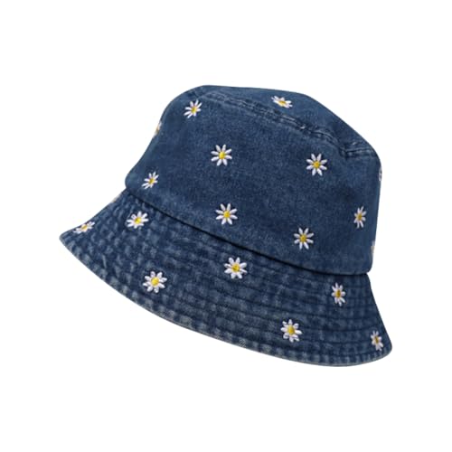 UUYYEO Flower Jean Bucket Hat Denim Fishing Cap Daisy Beach Sun Hat Aesthetic Travel Hat Summer Vacation Hat for Men Women Teens Dark Blue