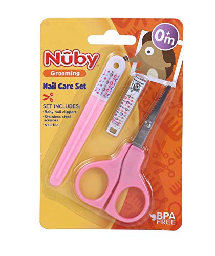 Nuby Grooming Nail Care Set – Nail Clipper, Scissor, Emery Board (Pink)