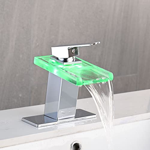 Image of AVSIILE LED Bathroom Sink Faucet, Chrome, Waterfall, Open Glass Spout