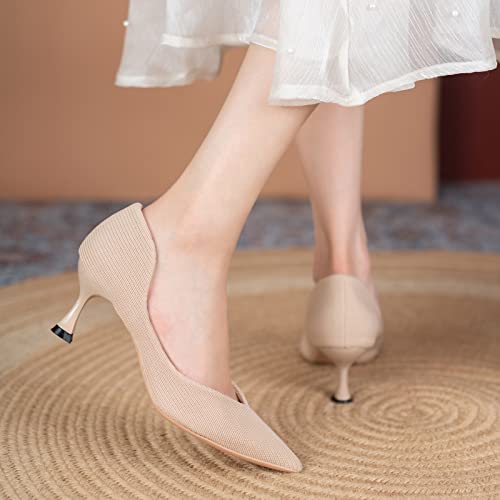 Youngshow Womens Closed Toe Kitten Wedding Pumps Heel Knitted Pointed-Toe Pumps Casual Walking Medium Kitten Heels Non-Slip Comfortable Heels Formal Dressy Shoes Beige #TOP5