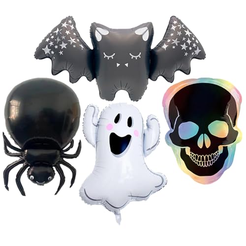 Halloween Foil Balloons Ghost Balloons Bat Skull Spide Balloon for Halloween Spooky Birthday Party Decorations Trick or Treat Themed Party Decor Supplies Set-4 Pcs