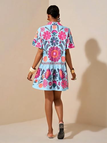 Image of SOLY HUX Women's Floral Button Down Shirt Dress Collared Short Sleeve Ruffle Babydoll Summer Boho Vacation Short Dresses