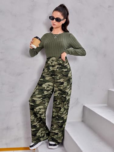Image of Floerns Girl's Long Sleeve Tee Shirt with Camo Print Pants Set 2 Piece Outfit
