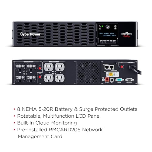 Image of CyberPower PR2000RT2UCN Smart App Sinewave UPS Battery Backup and Surge Protector, 2000VA /2000W, 8 Outlets, 2U Rack /Tower, Pre-Installed RMCARD205, Built-in Cloud Monitoring, UL Certified