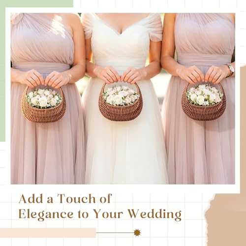 Image of Taiyin 3 Pack Rattan Flower Girl Basket Half Moon Straw Wicker Basket with Handle 6.7 inch x 6.5 inch x 4.3 inch Ideal for Wedding Flower Girl, Picnic, Garden Storage and Home Decor (Brown)