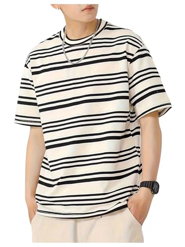 MakeMeChic Men's Striped Print Tee Shirt Short Sleeve Crew Neck Loose Fit Summer Casual Tops