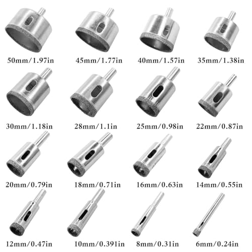 Image of 16PCS Diamond Hole Saw Drill Bits Set Kit for Ceramic, Premium Glass Drill Bit for Bottles,Pots, Marble, Granite Stone, Tile Cutting, 1 /4 to 2 Inch