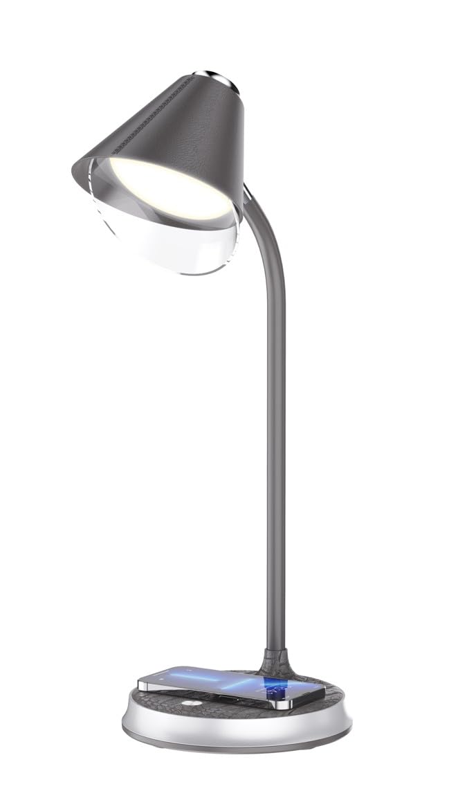 IMMAX FINCH - Lampada da tavolo a LED con funzione di ricarica Qi, grigio + elementi argentati