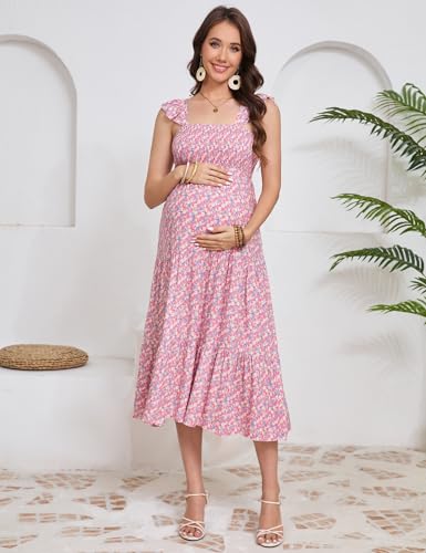 Image of KOJOOIN Womens Maternity Dress Summer Sleeveless Smocked Square Neck Ruffle Casual Boho Midi Dress Baby Shower Photoshoot