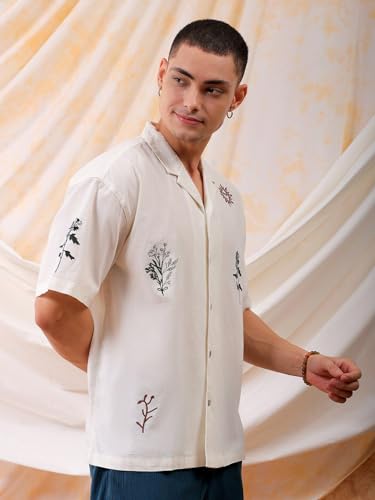 Image of The Indian Garage Co Men Relaxed Fit Placement Embroidered Half Sleeves Cuban Collar Resort Wear Shirt