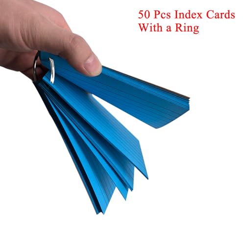 Urmspst 50Pcs Index Cards with 1 Ring, 3 x 5 Inches Ruled Index Cards, Colored Index Flash Cards, Lined on Both Side Colored Notecards for Study, Learning, Memory, Recipe (Blue)