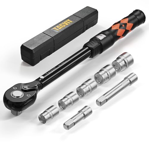 TAGVIT Drehmomentschlüssel 1/2 Zoll, 30-210 Nm Drehmomentschlüssel 8-tlg.Set mit 17mm 19mm 21mm 23mm 24mm Stecknüsse und 75mm/125mm Verlängerung für Motorrad, Auto, LKW