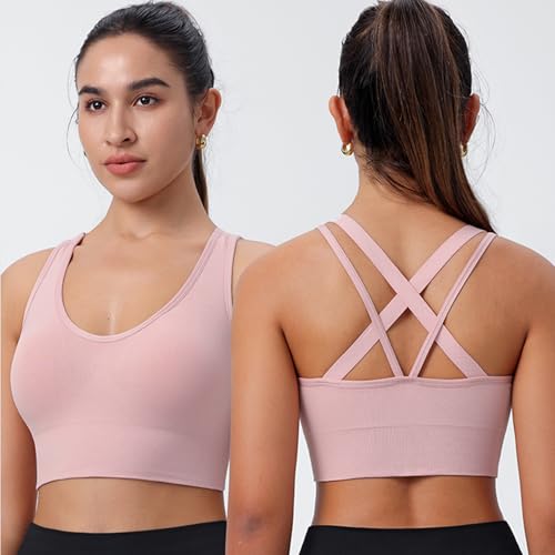 Image of BLUELILY Sports Bra for Women Medium Support Criss Cross Strappy Bras Seamless Padded High Impact Yoga Athletic Exercise Bras