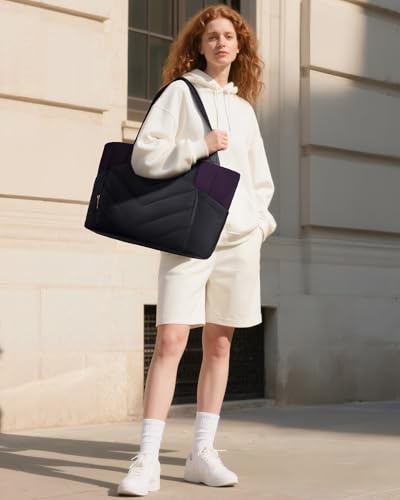 Image of LOVEVOOK Puffer Tote Bag for Women, V-Quilted Puffy Teacher Tote Nurse Bag, Large Shoulder Laptop Purse for Work Travel Gym