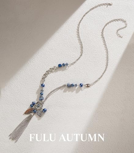 Boho Long Pendant Necklaces for Women Silver Long Sweater Chain with Beaded Tassel Pendant Fashion Costume Jewelry Gifts for Her2