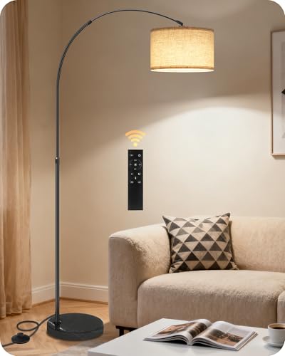 GOEBLESON Arc Floor Lamp with LED Bulb & Remote Control & Foot Switch, Stepless Dimmable, Colour Temperature, Arched Corner Lamp, Rotating Lamp Head, Height Adjustable, Black ZE15LDK05