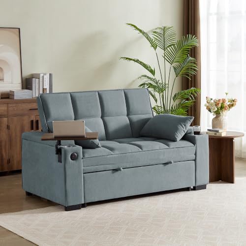Image of KCGKCG 65 inch Pull-Out Sleeper Sofa Bed, Adjustable Backrest, Light Blue