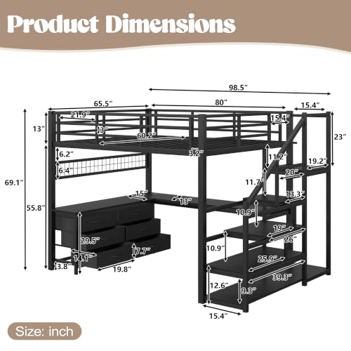 Image of Bellemave Queen loft Bed with Storage Stairs, Wardrobe, Shelves, Metal Queen Loft Bed Frame for Adults, Kids, Teens, Black