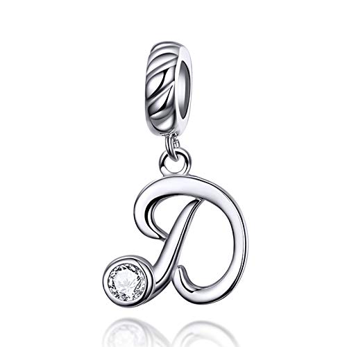 LaMenars Letras Colgantes de Alfabeto A-Z Abalorios Charms Originales Plata de Ley 925 con Circonita Cúbica para Pandora & Europeo Pulseras Brazaletes Collares para Mujer (Letter D)