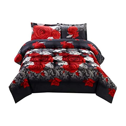 HIG 3D Comforter Set King - 3 Piece 3D Red and White Rose Reactive Print Comforter Set King Size (Y31) - Box Stitched, Soft, Breathable, Fade Resistant - Includes 1 Comforter, 2 Shams Cover