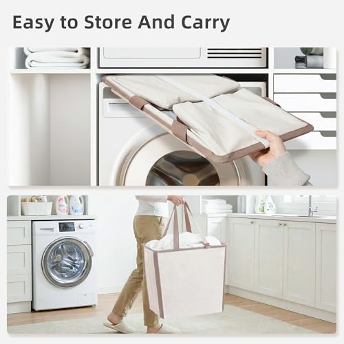 Image of STORAGE MANIAC Collapsible Laundry Basket, 16.9 Gal. Large Pop-up Laundry Hamper with Long Carry Handles, Space-Saving Foldable Clothes Hamper with Bottom Elastic Band, Travel Laundry Bags, Oat Beige