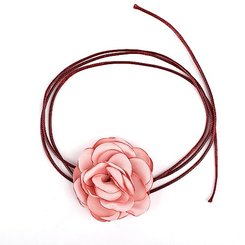 SAVITA Vintage Flower Necklaces, Boho Floral Necklace Adjustable Fabric Rose Necklace for Women Girls Bride Wedding Party Birthday (Light Pink)
