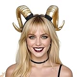 MOSTORY Gold Goat Horns Headband - Demon Horns Headband for Women Halloween Cosplay, Golden Devil Sheep Horn Headpiece for Adult Renaissance Renfaire Photo Shoot (Detachable)