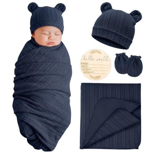 Image of AQOKKA Newborn Receiving Blanket with Bow Hat Mittens Set Nursery Swaddle Wrap Toddler Swaddles for Newborn Baby Boy Girl