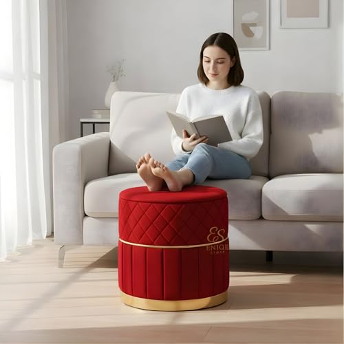 Image of Set of 2 Round Velvet Ottoman Footstool Gold Base - Tufted Upholstered Pouffe Stool for Living Room, Bedroom & Dressing Area (Red)