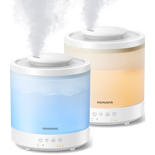 Homvana Small Humidifiers for Bedroom - 2 Packs 1.5L Cool Mist Top Fill Humidifier for Baby Nursery, Essential Oil Diffuser, 3 in 1 for Home Plants Offices and Grow Tents, 7 Color Lights, Ul