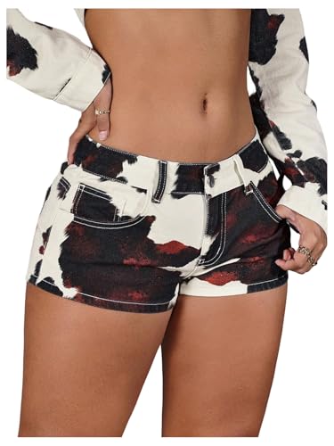 WDIRARA Women's Cow Print Mini Denim Shorts Y2k Low Rise Jean Shorts Streetwear Multicolor 30