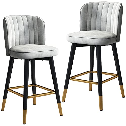 OZBME Juego de 2 Elegantes taburetes de Bar giratorios de Terciopelo con Patas Negras y reposapiés Cromado Dorado | Sillas Altas Modernas para mostrador de Cocina, Comedor y recepción (Gris, 55 cm)