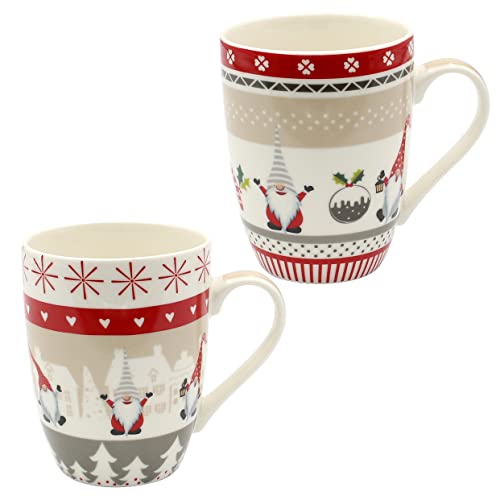 Dekohelden24 Juego de 2 tazas de porcelana de Navidad con diseño de gnomo – 8 x 12 x 10 cm, capacidad 340 ml.