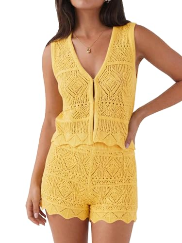 Tankaneo Womens 2 Piece Crochet Short Sets Summer V Neck