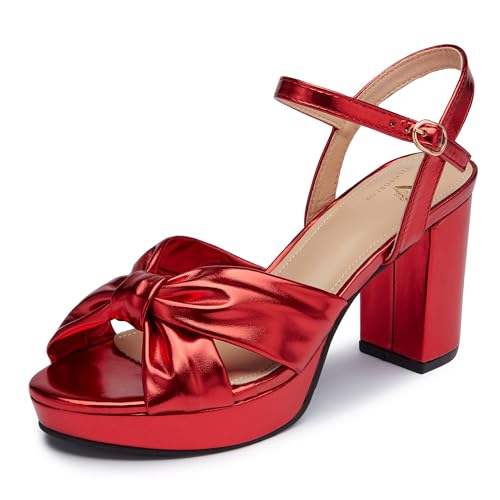 Viloporlor Women's Chunky Platform Heels with Adjustable Ankle Strap - Open Toe Bowknot Block Heel Strappy Sandals, Wedding Party Dressy Shoes Summer Sandals Red Size 11